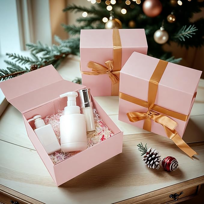 Schliersee 8x8x4 Pink Gift Boxes with Magnetic Lids Set of 4, Gift Wrap Gift Box Empty Wrapping Gifts for Chrismas Wedding Valentine's Day Birthay Gifts for Wife Women Girls Sister Friends Presents