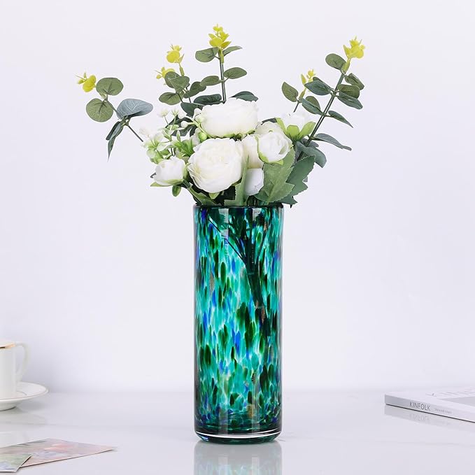 9.45" Tall Teal Vase Hand Blown Glass Vase Green, Modern Teal Home Centerpieces Wide Mouth Vases for Bud&Flower Decor - Ideal Living Room, Kitchen, Wedding, Dining Table, Office Center Table