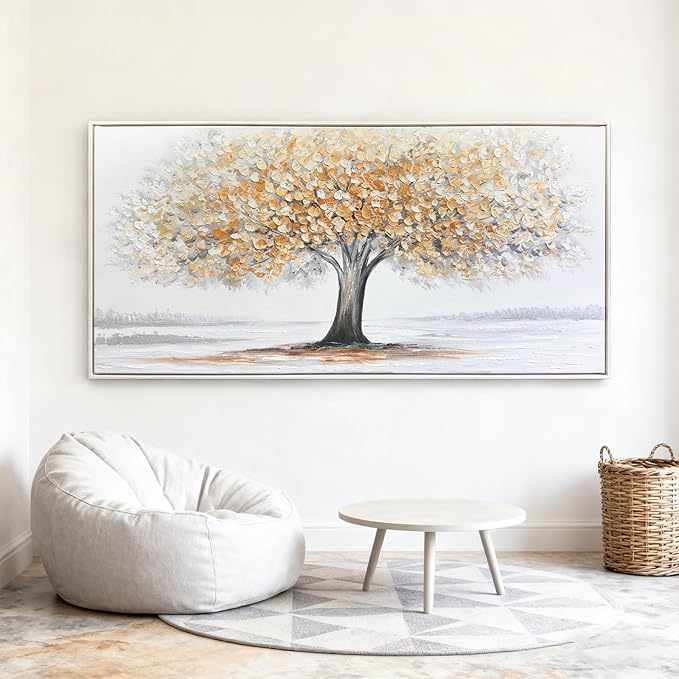 White Tree of Life Canvas Wall Art, Modern Abstract Textured Painting, Large Framed Panoramic Landscape Artwork for Living Room, Bedroom, Office, Home Decor 48"x24"