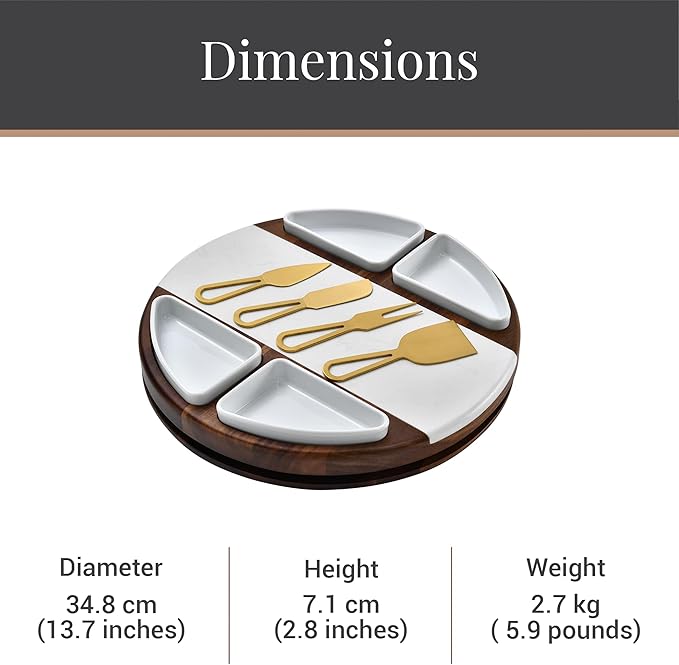 Shanik Upgraded Lazy Susan Cheese Cutting Board Set - Round Acacia Charcuterie Board With 4 Ceramic Bowls - Wedding Gifts - Cheese Serving Platter - Bridal Shower