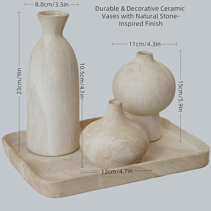 White Ceramic Vase Set of 3 with Stone Texture, Modern Minimalist Pottery Vases for Dried Flowers, Pampas Grass, Rustic Farmhouse & Aesthetic Home Decor for Living Room, Bedroom, Kitchen