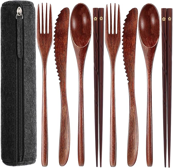 Reusable bamboo Utensils for Eating 8 Pcs Travel Wooden Spoons Forks Chopsticks Cutlery Set with Case Portable Lunch Utensils Silverware Set for Lunch Wood Flatware Set for Eating