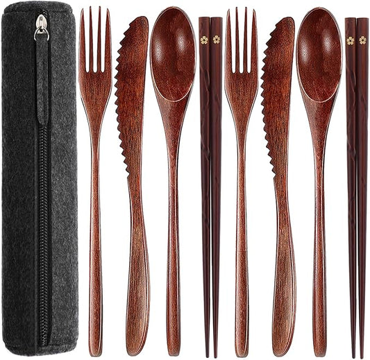 Reusable bamboo Utensils for Eating 8 Pcs Travel Wooden Spoons Forks Chopsticks Cutlery Set with Case Portable Lunch Utensils Silverware Set for Lunch Wood Flatware Set for Eating