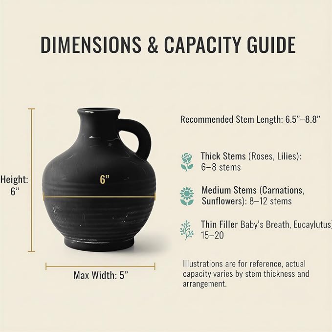 6-Inch Black Ceramic Flower Vase with Handles, Rustic Farmhouse Boho Pottery Centerpiece for Table, Living Room, Shelf & Mantel