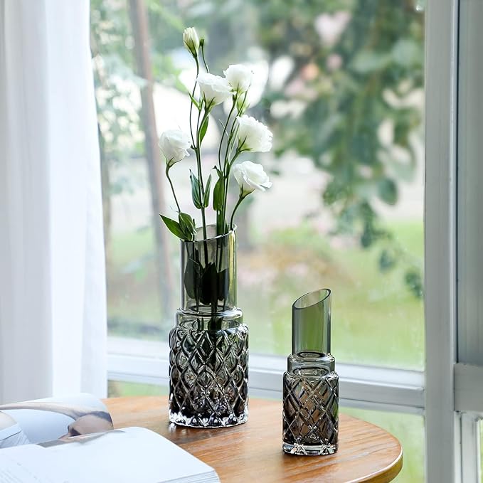 G Hand Blown Grey Glass Vases Set 3 Peiece for Large Medium Small for Modern Home Decor, Decorative Vase, Bedroom, Office, Living Room, Bathroom,Shelf Decor, Centerpiece Table Decorations