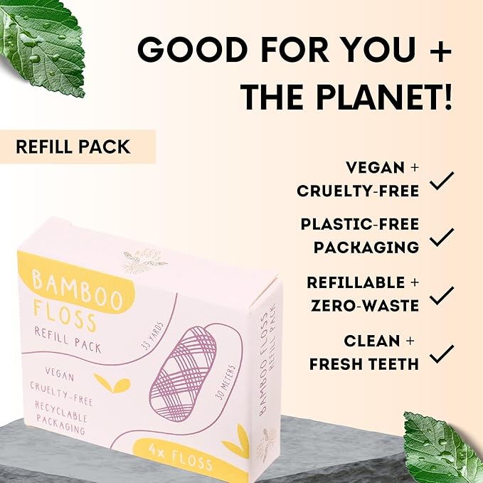 ECO ROOTS Organic Bamboo Floss Refill x4 Rolls, Eco Friendly Dental Charcoal Floss | Reusable & Vegan Bamboo Tooth Flossers | Zero Waste, Plastic Free, Biodegradable
