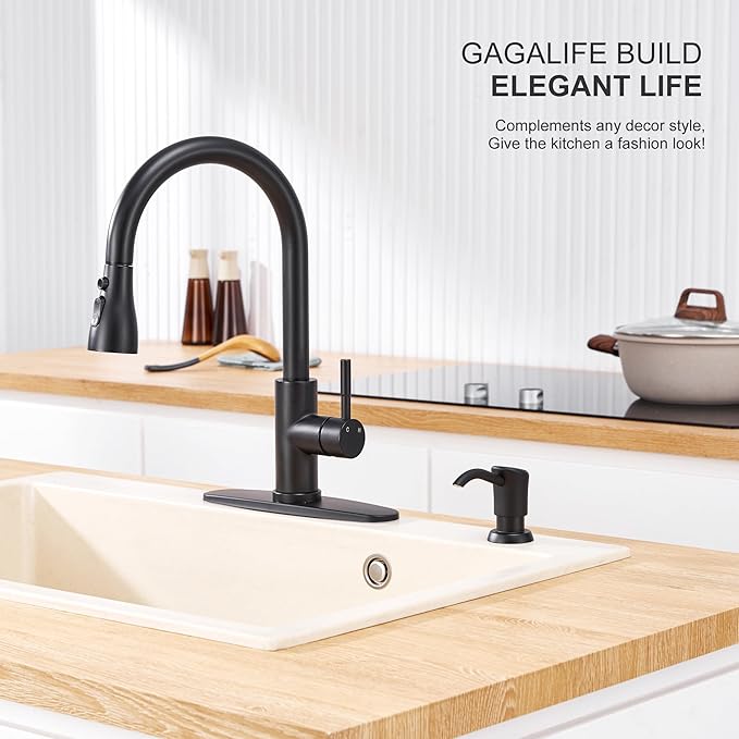 GAGALIFE Built in Sink Soap Dispenser or Lotion Dispenser for Kitchen Sink, Matte Black ABS Pump Head, with 17 Ounce PET Large Soap Bottle
