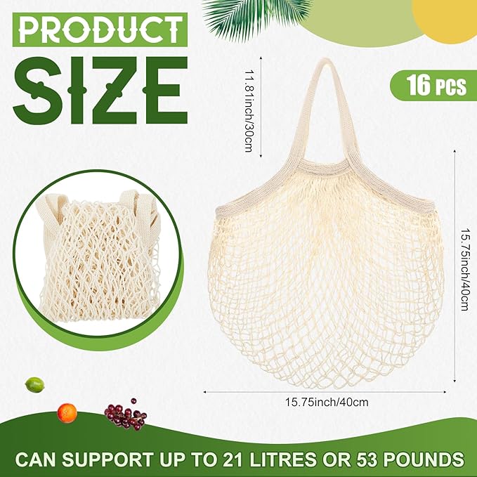 SATINIOR Large Cotton Mesh Grocery Bags 16x16x12 Inch Reusable Washable Cotton String Shopping Bags Beige Produce Containers