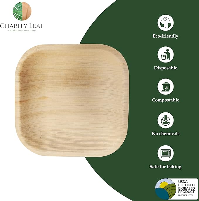 Charity Leaf Disposable Palm Leaf 8" Square Plates (1000 pieces) Bamboo Like Serving Platters, Disposable Boards, Eco-Friendly Dinnerware For Weddings, Catering, Event
