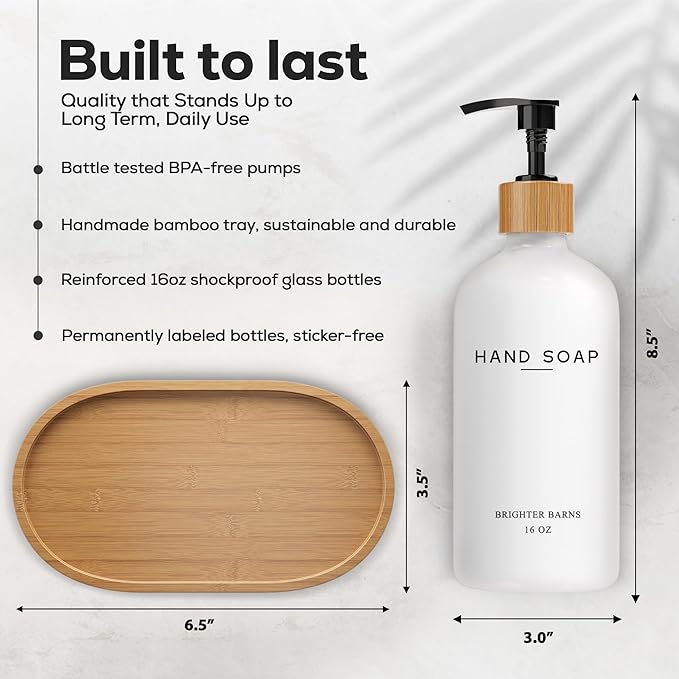 Luxury Glass Hand and Dish Soap Dispenser Set by Brighter Barns - Kitchen Soap Dispenser Set with Tray - Bamboo Pump Bottle for Kitchen Sink - Boho Home Decor, Modern Decor in Restaurant (Black/White)