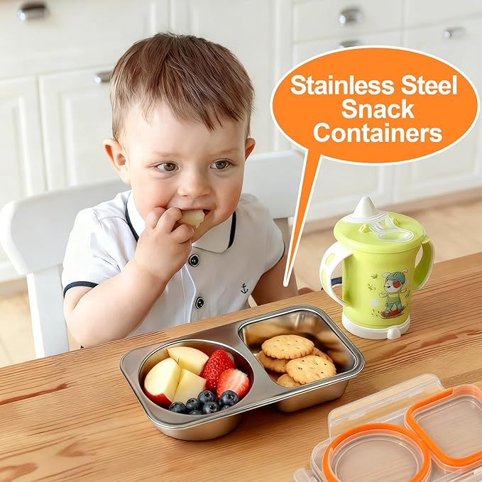 Stainless Steel Snack Containers, 6.5oz 2 Compartment Snackle Box with Lids Airtight, Leakproof Bento Box Metal Lunch Container Reusable Food Storage for Travel, Picnics (Orange)
