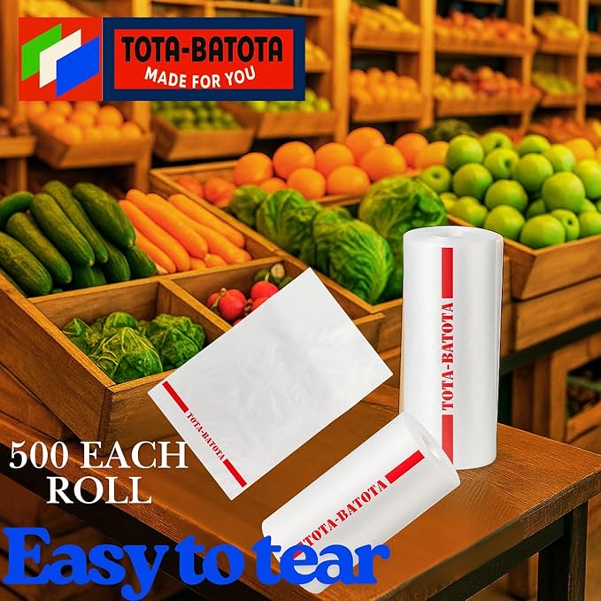 Plastic Produce Bags on Rolls – 1000 Count (2 Rolls), 10 x 15 in, Clear Food Storage Bags with Easy Tear Red Line, for Fruits, Vegetables, Meat, Freezer, Grocery & Commercial Use-TOTA-BATOTA