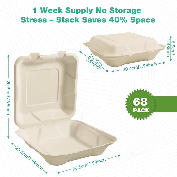𝟴𝘅𝟴", 𝟲𝟴-𝗣𝗮𝗰𝗸 Disposable Clamshell Take Out Food Containers, Biodegradable Paper To Go Boxes for Burgers, Sandwiches, Fries & More (Natural)