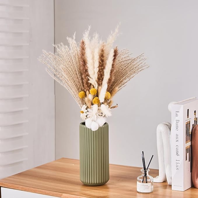 Green Ceramic Flower Vase for Pampas Grass, 10 inch Large Decorative Centerpiece Ribbed Vase for Dining Table, Office Desktop, Shelf Bookshelf, Mantel, Entryway, Bathroom, Countertop, Farmhouse, Gift