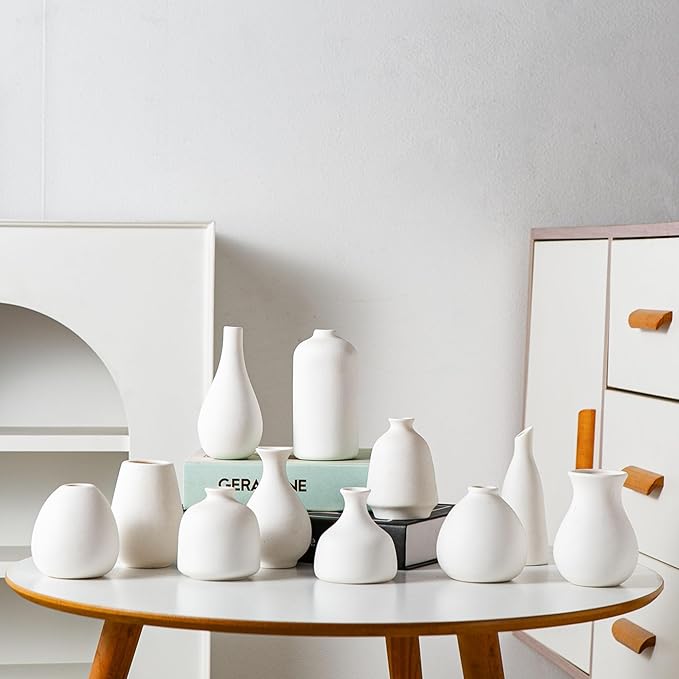 White Ceramic Bud Vase Set of 11, Small Vases for Pampas Grass, Flowers, Mini Vases for Modern Home Decor, Minimalist Decor, for Living Room, Dining Table & Shelves