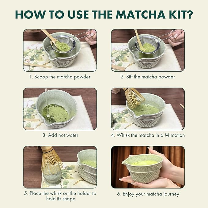 Matcha Whisk Set,9 Pcs Matcha Set with Matcha Bowl,Spout, Bamboo Whisk, Spoon Stand, Scoop, Sifter, Towel, Teaspoon and Glass Measuring Cup for Making Breakfast/Latte, Gift for Matcha Lover,Green