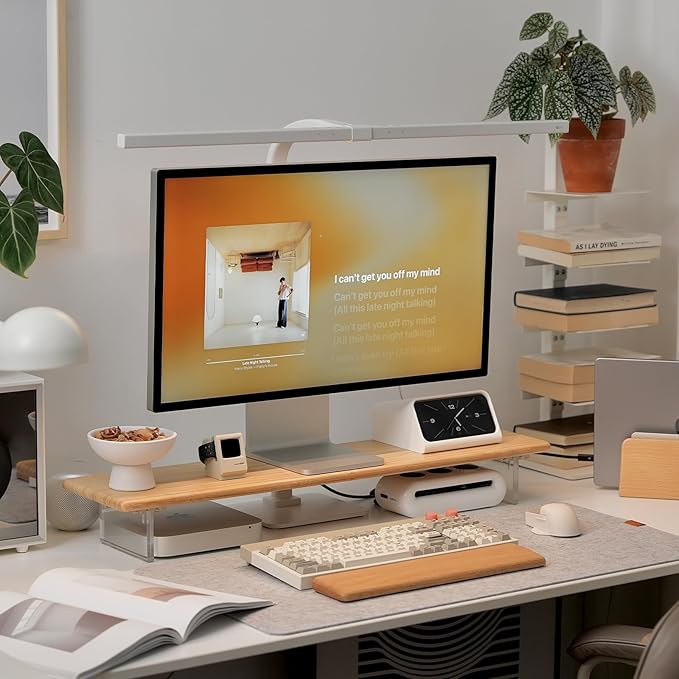 Bamboo Monitor Stand Riser with Acrylic Legs for Desk, 31.5 Inches Desktop Shelf Supports for PC Computer Monitor, Laptops, Printer, Speakers (Natural)