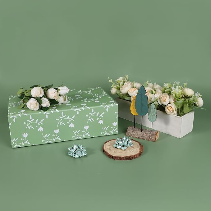 Green Leaves Gift Box with Magnetic Lids 13.8x8.3x4.4 in, Large Bridesmaid Proposal Boxes, Rectangle Wedding Decorative Storage Box 3 Pack