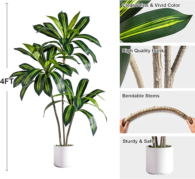 Artificial Dracaena Plant 4FT - Realistic Fake Dracaena Tree Tall Large Faux Silk Plants Fake Floor Potted Artificial Plants for Home Decor, Office Plants