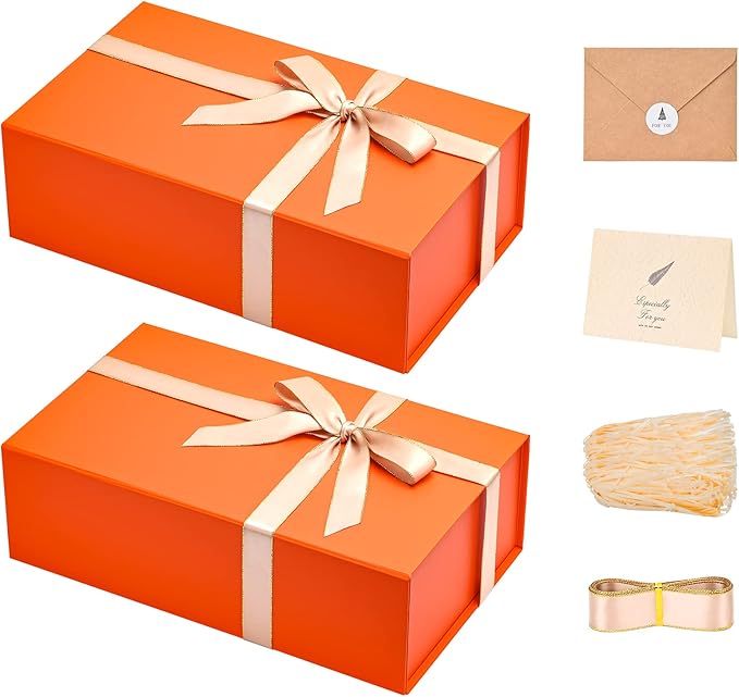 LIFELUM Orange Gift Boxes, 13.85 x 8.35 x 4.45 inch 2 Pack Gift Boxes with Lids Contains Card, Ribbon, Shredded Paper Filler for Holidays,Thanksgiving,Birthdays, Bridal Gifts,Weddings