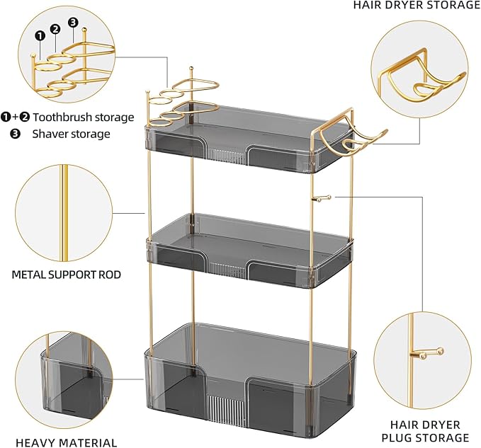 3 Tier Bathroom Organizer Countertop Makeup Perfume Tray Skincare Organizer Comes with Hair Dryer Rack and Toothbrush Holder for Bathroom Dresser Vanity (Grey)