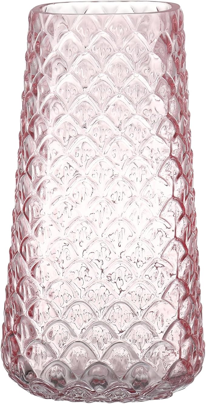 Glass Vase, Pink Flower Vase for Bouquet, Large Glass Vases for Flowers, Modern Vases for Living Room, Bedroom, Dining Table, Office, Kitchen, Wedding, 9 Inches