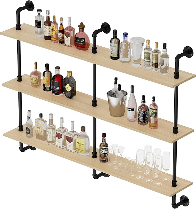 3-Tier Industrial Pipe Floating Shelf – Rustic 60 inch Wood Wall-Mounted Storage Shelf for Kitchen Office,Bathroom & Home Decor -White Oak