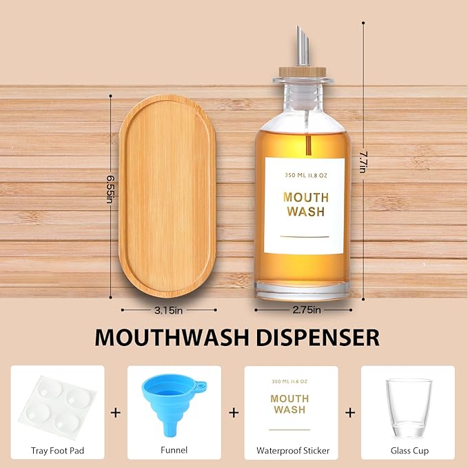 11.8OZ Glass Mouthwash Dispenser for Bathroom with Stainless Steel & Bamboo Nozzle, Mouthwash Cup Reusable, Bamboo Tray, and Elegant Gold Sticker.Set of 2（Clear