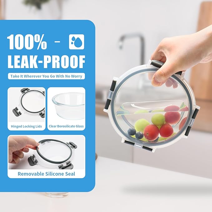 6 Pack Glass Food Storage Containers, BPA Free Meal Prep Containers with Leak Proof Lids, Freezer to Microwave Safe