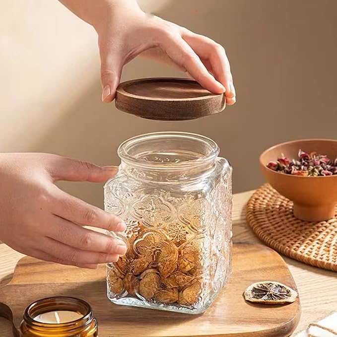 Snminetal Vintage Glass Airtight Storage Jar Set of 2, With Airtight Wood Lid, Kitchen Food Storage Containers,Suitable for storage Tea leaves,Coffee Beans,dried fruits, cereals, etc(Plum pattern)