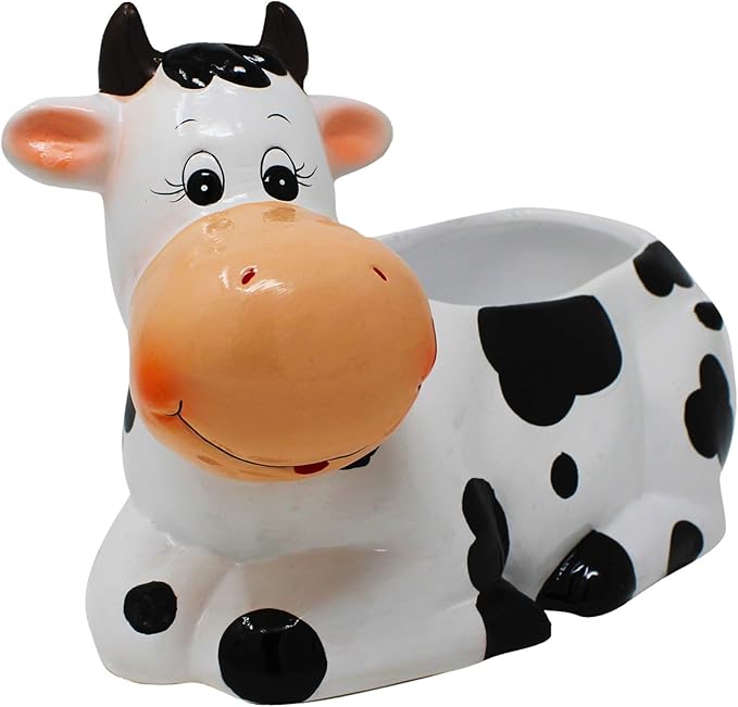 Cow Planter Pot - Cow Print Party Decoration Supplies - Garden Backyard Cow Stuff Statue - Flower Ceramic Succulent Planter - Plantador de Vacas - Large 9" with Drain