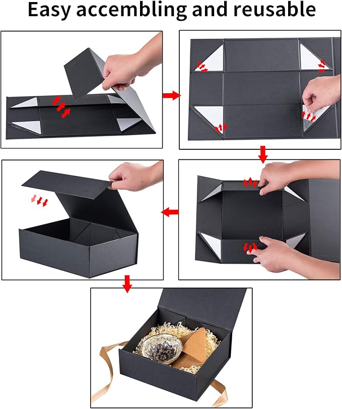 LIFELUM Black Gift Box 8 x 7 x 3 inch, Gift Box with lid Magnetic Closure Box Sturdy Box for Gift Includ Greeting Cards,Ribbon,Shredded Paper Filler for Presents (1 Pcs)