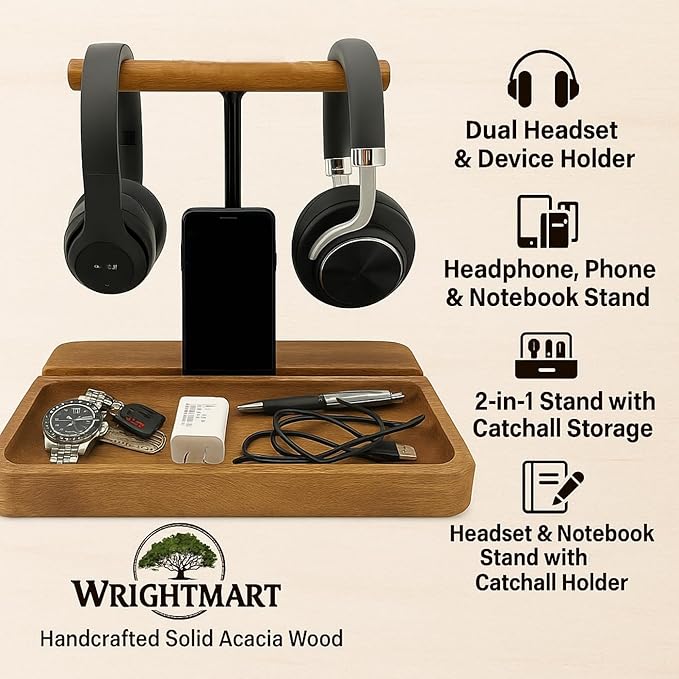 Dual Headphone Stand, Solid Acacia Wood Headset Holder for 2 Headphones, Cell Phone & Tablet, Desk Organizer Tray for iPhone, iPad, Bose, Sony, Beats, Sennheiser, Gaming & Office Desk Setup