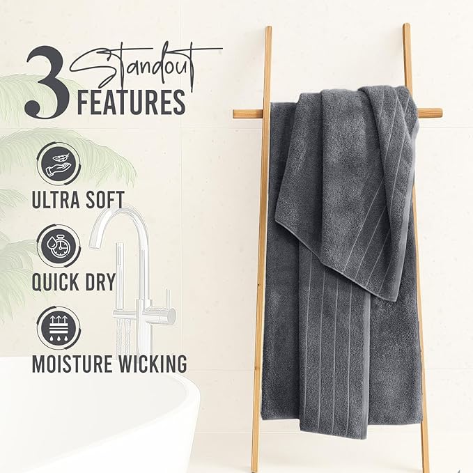 DAN RIVER Bath Towels Set of 4, 30 x 60 Inches, 100% Cotton, Larger & Lighter Weight, Quicker to Dry, Super Soft and Absorbent, Ideal Hotel Towels for Daily Use, Dark Grey