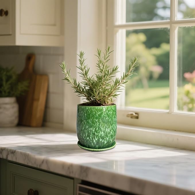 6 in Ceramic Plant Pot with Saucer，Indoor Plant Pot for Plants, Flower Pot with Drainage，Reactive Glaze Green