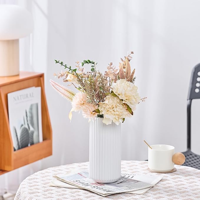 White Ceramic Flower Vase for Pampas Grass, 8 inch Small Decorative Centerpiece Ribbed Vase for Dining Table, Office Desktop, Shelf Bookshelf, Mantel, Entryway, Bathroom, Countertop, Farmhouse, Gift