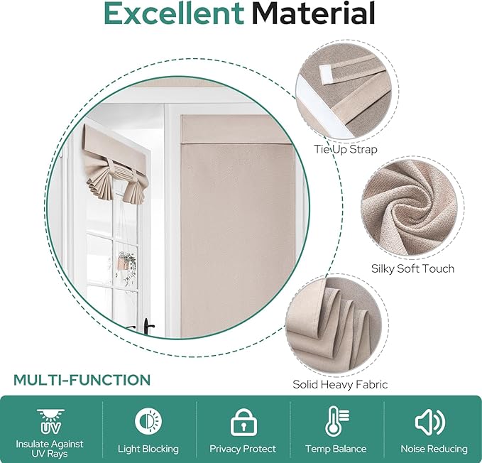 HOMEIDEAS 100% Natural Linen Blackout French Door Curtains, Privacy Door Window Curtains, 30 X 68 Inch Room Darkening Blinds, Thermal Insulated Shades for Bedroom, 1 Panel