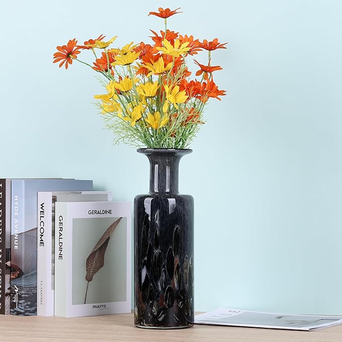 Blown Glass Cylindrical vase, Modern Art Glass Tall vase for Home Decoration Table Centerpiece, Wedding, Living Room Coffee Table, entryway Entry Table top, TV Cabinet Decoration and Ornament. (Grey)