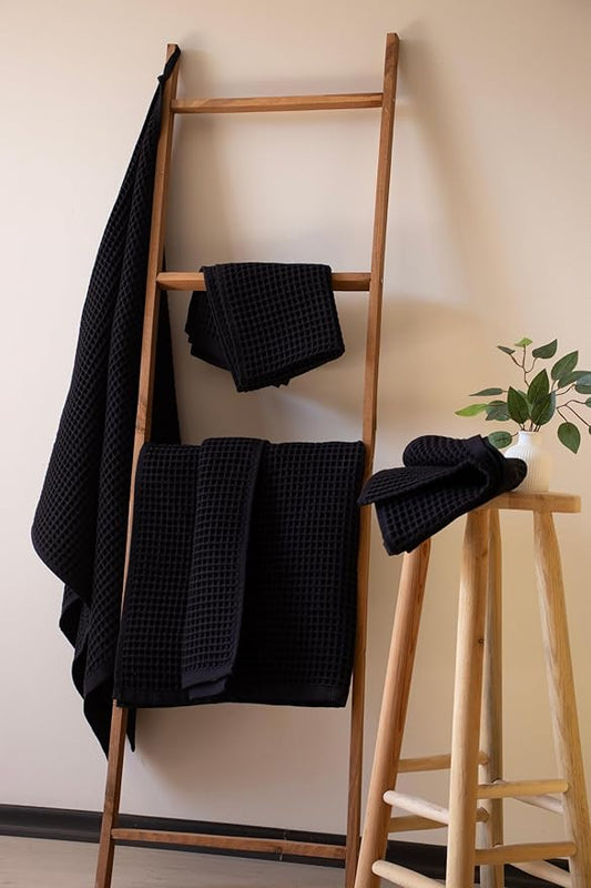 PÜSKÜL - Premium Waffle Towel Set 4 Pieces Black - Organic 100% Turkish Cotton Quick-Dry Towels for Bathroom Made in Turkiye (Black, Towel Set - 2 Hand & 2 Bath Towels)