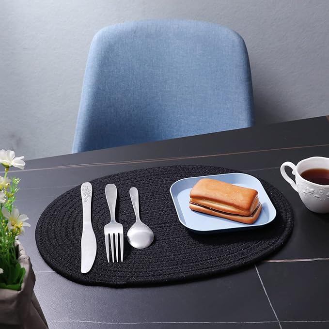 4 Pack Oval Woven Placemats and Set of 4 Round Fabric Coasters, Heat-Resistant Non-Slip Tablemats Woven Washable Charger Plates for Table Decoration (Black)