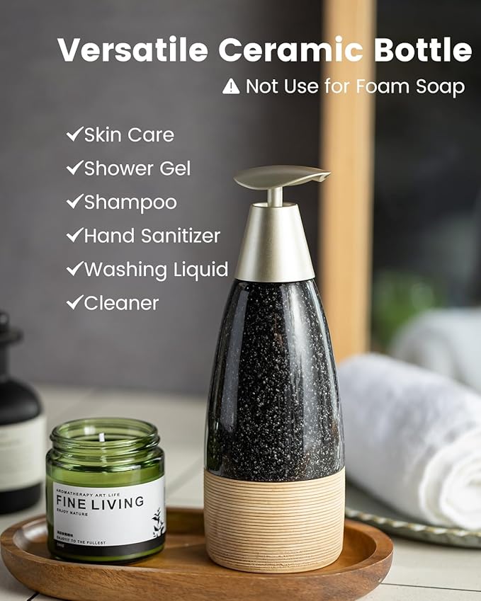 Ceramic Dish Soap Dispenser with 2 Pumps for Hand Soap, Shampoo, Lotion, Conditioner, 12 oz Refillable Soap Bottle with Silicone Funnel for Thanksgiving Chiristmas Bathroom & Kitchen, Black