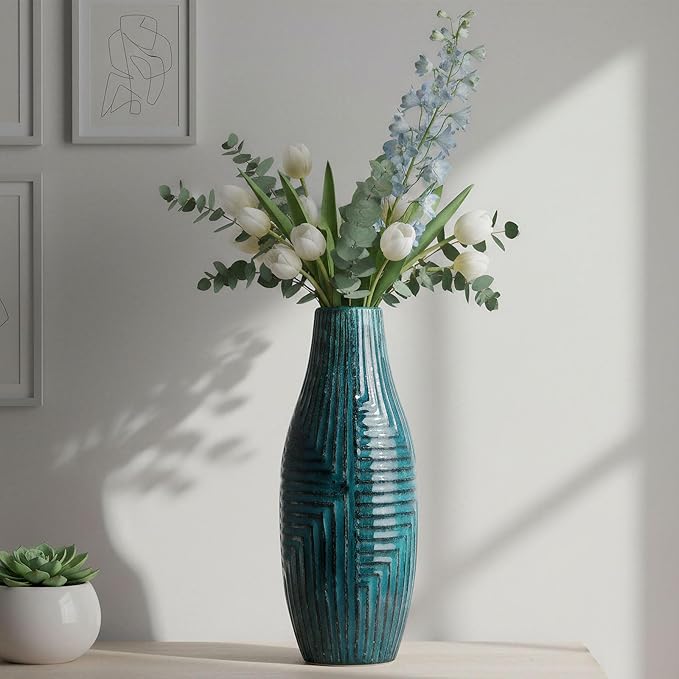 hjn Teal Ceramic Vase for Home Decor, Modern Decor Vases for Living Room/Bookshelf/Mantel/Accents - Teal texture-Medium-13.8" H