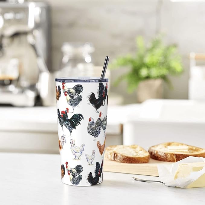 Farm Chickens Tumbler,Chickens 20oz Stainless Steel Insulated Travel Tumblers,Travel Coffee Mug with Lid and Straw Water Bottle Drink Tumbler Cups Gifts for Women Men Lovers