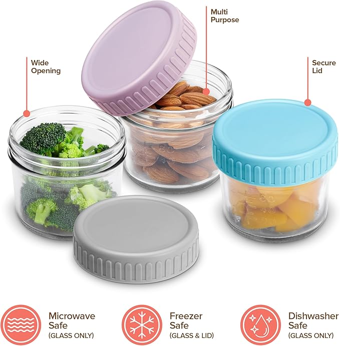 Stock Your Home Glass Bariatric Portion Control Containers (6 Pack), 4 oz Mini Food Storage Jars with Leakproof Lids, Color Coded Meal Prep Containers for Bariatric Meals, Snacks and Baby Food