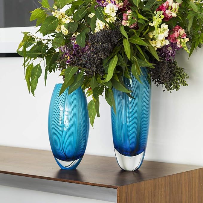 Ca D Oro Murano Style Glass Vase Blue Feather Pattern Hand Blown Art Glass for Flower, Room Decoration and Centerpiece - Model 54 MS