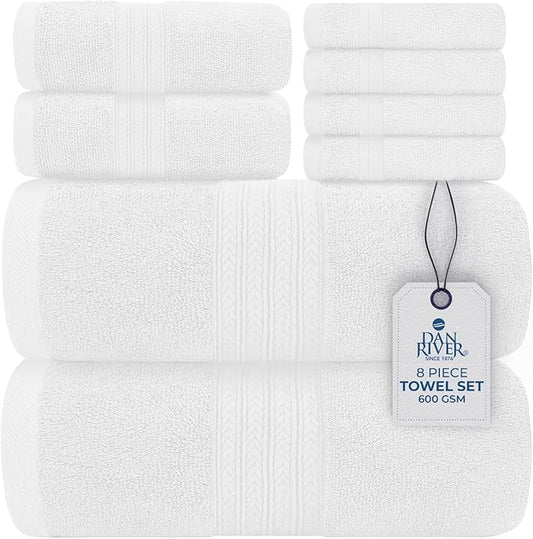 DAN RIVER 8 PC Luxury Bath Towels for Bathroom, 2 Bath, 2 Hand, and 4 Wash Cloths, 600 GSM 100% Ring Spun Cotton Towel Set, Highly Absorbent, Gym, Hotel, and Spa, White