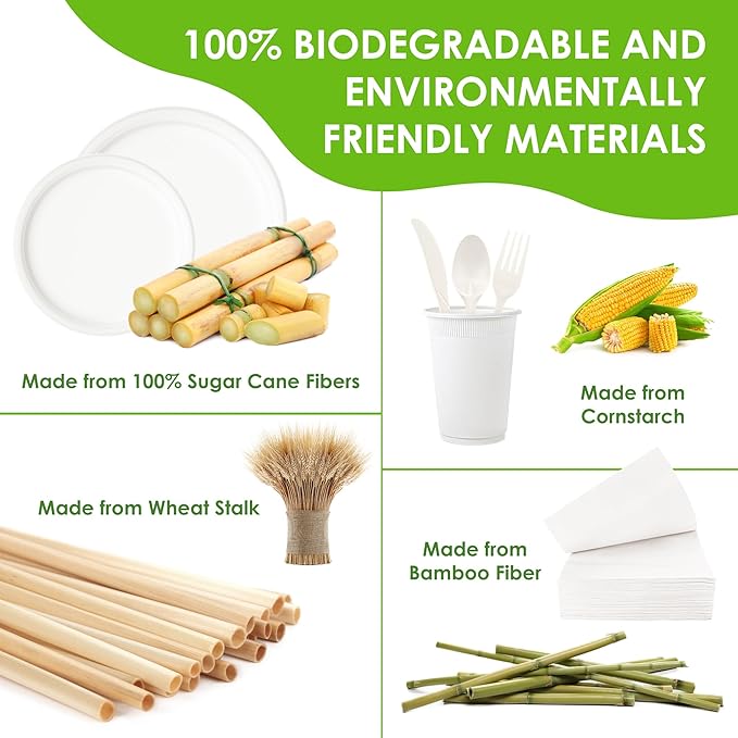 400PCS Compostable Paper Plates Set, Disposable Eco-friendly Dinnerware Set, Biodegradable Heavy-Duty Paper Plates, Utensils, Cups and Straws for Party Camping 50 (White)