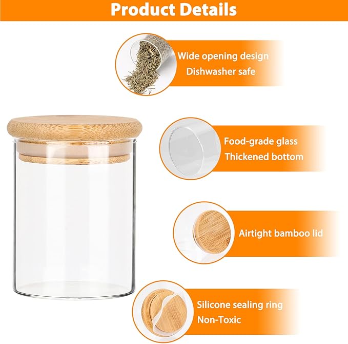 Keketin 6 oz Glass Spice Jars with Bamboo Lids,15 Pack Airtight Food Storage Canister 200ml Small Glass Jars with Lables for Kitchen Organization,Spices,Coffee,Flour,Candy,Nuts and Snacks