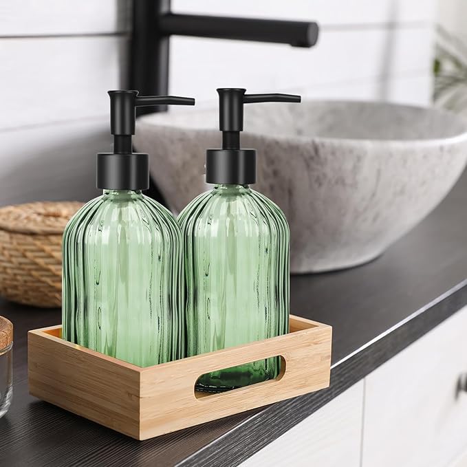 Glass Soap Dispenser with Plastic Pump, Hand Soap Dispenser for Hand Wash, Lotion Dispenser for Dishwashing Liquid, Lotion Shower Gel (Green)