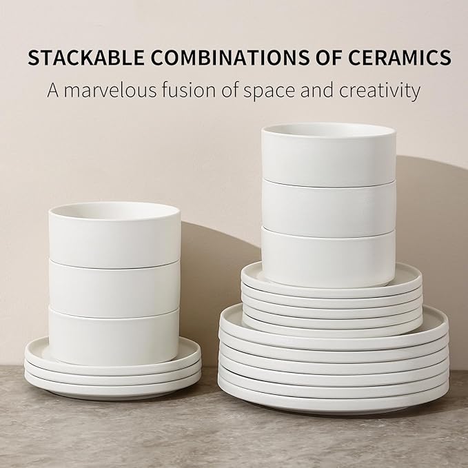 GZG Classic Series - Plates and Bowls Set for 4, 12 Piece Stoneware Dinnerware Sets, Microwave and Dishwasher Safe Lead-Free Handcrafted Ceramic Dishes Set - Ivory White
